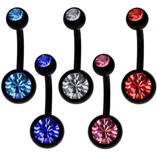 belly button ring 50pcs/lot mix 5 colors Anodized black stainless steel body piercing jewelry double gem navel belly ring