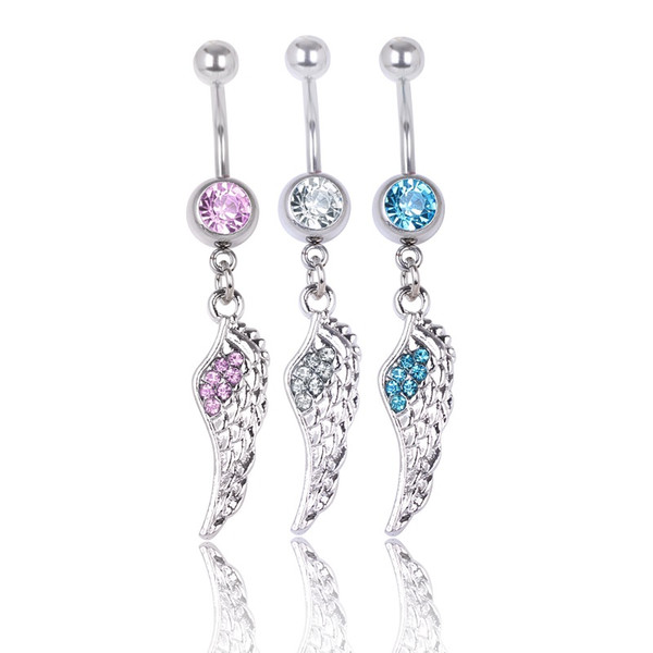 Feather Wing Navel Button Ring Clear Aqua Pink Colors Rhinestone Piercing Body Jewlery 1.6*10*8/5 Belly Ring 3 Colors