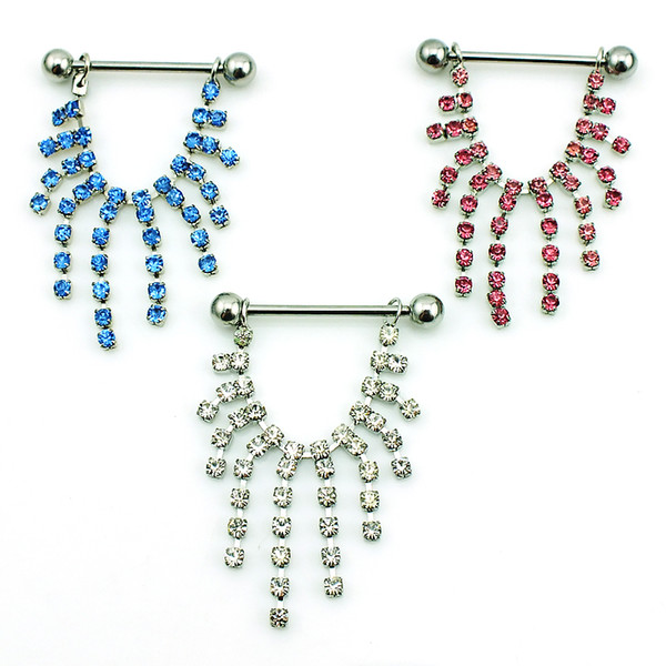 Body Piercing Fashion Nipple Rings 316L Stainless Steel Barbells Hang Rhinestone Long Branch Breast Jewelry Wholesale