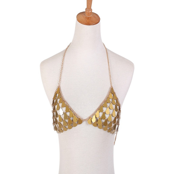 Sequins Top Chai Women Shoulder Necklace Bra Harness Geometric Tassel Pendant Body Chain Rave Disco Party Jewelry