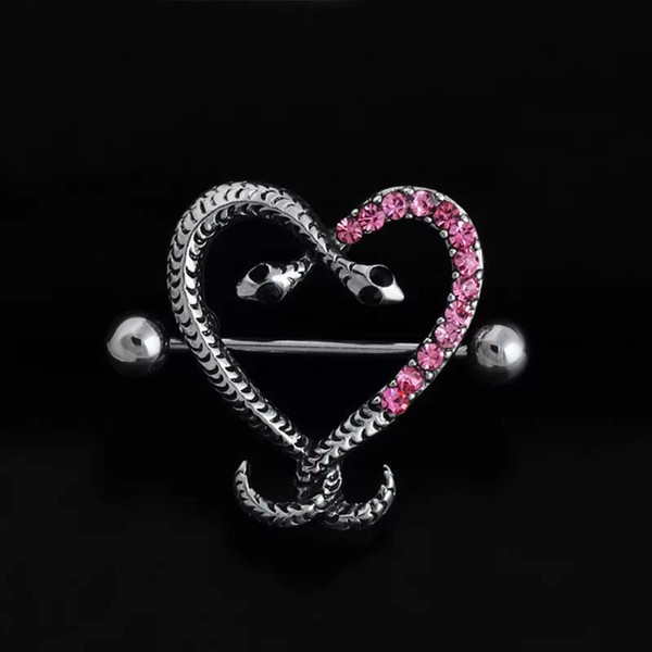 Double Snake Head Nipple Piercing Sexy Serpentine White Pink Heart Shaped Nipple Rings Body Jewelry Women Bar Barbell Piercing