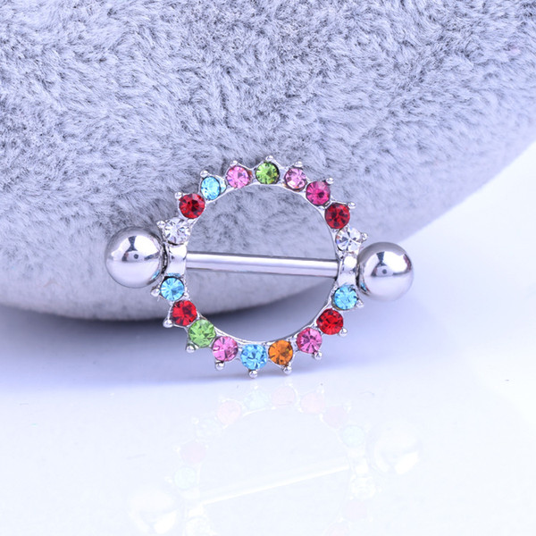 1pcs Silver Color Round Shape Piercing Shield Bars Stainless Steel Piercing Nipple Rings whit Rhinestone Piercing Jewelry For Woman Men