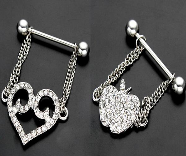 Surgical Steel Hollow Out LOVE Heart Apple Chain Pendant Piercing Nipple Rings Nipple Bar Clip On Piercing Nipple Shield Ring Jewelry