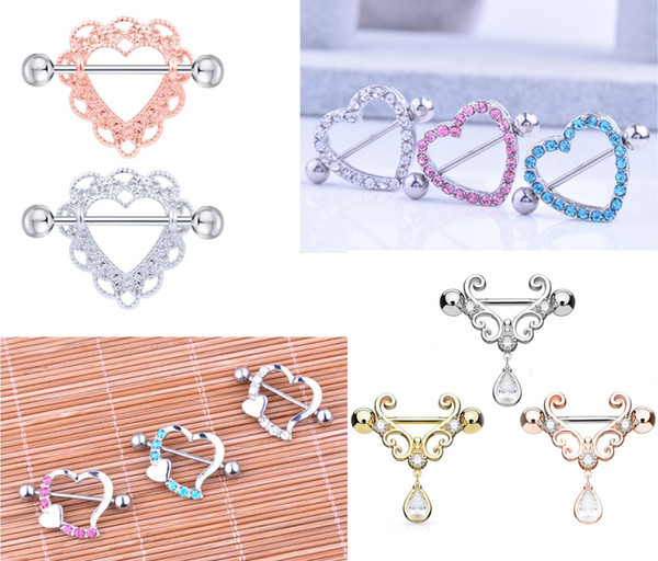 4 Style 316L Surgical Steel Heart-shaped Nipple Rings Fashion Body Piercing Big Zircon Rings Body Jewelry Women Girls body Piercing