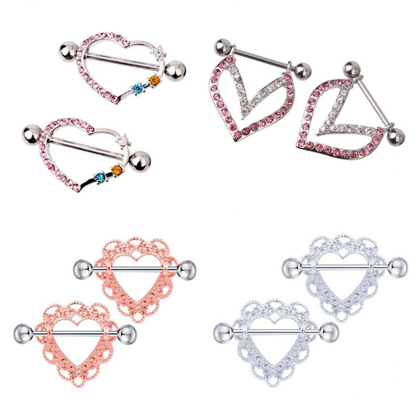 4 Pairs Heart Shaped Crystal Nipple Ring Shield Barbell Stainless Steel Nipplerings Body Jewelry