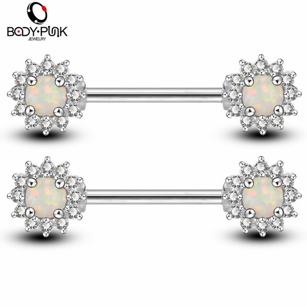 wholesale Luxury Brand Piercing Body Jewelry Silver Rose Gold Color With Synthetic Opal Rhinestone Flower Nipple Rings For Women