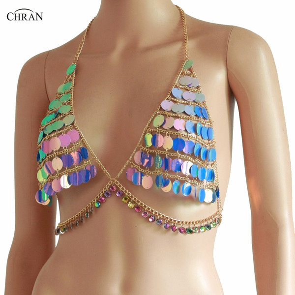 wholesale Handmade Sequin Bra Bikini Jewelry Necklace Women Statement Metal Crystal Bra Chain Bralette Beach Party Harness Necklace