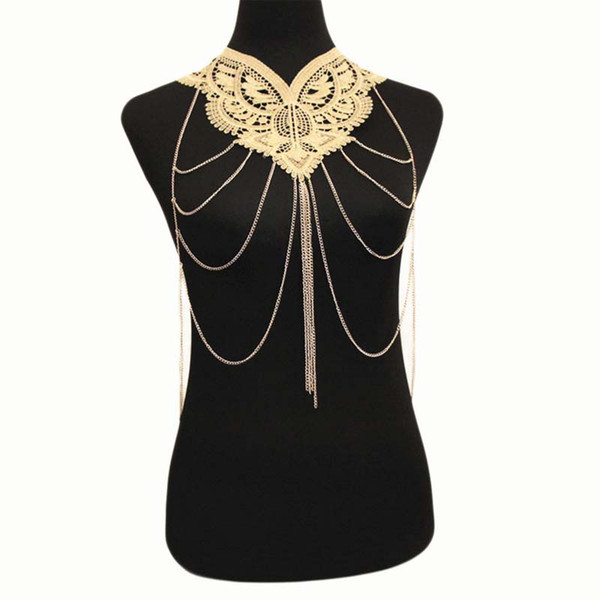 Gold Flower Lace Fine Chain Multilayer Tassel Body Chain Jewelry Big Gothic Necklace Elegant Party Jewellery