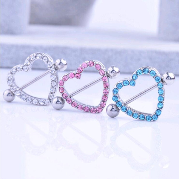 Nipple Shield Rings Barbells Love Heart Medical Stainless Steel CZ Diamond Rhinestone Nipple Body Piercing Jewelry Pink Blue White