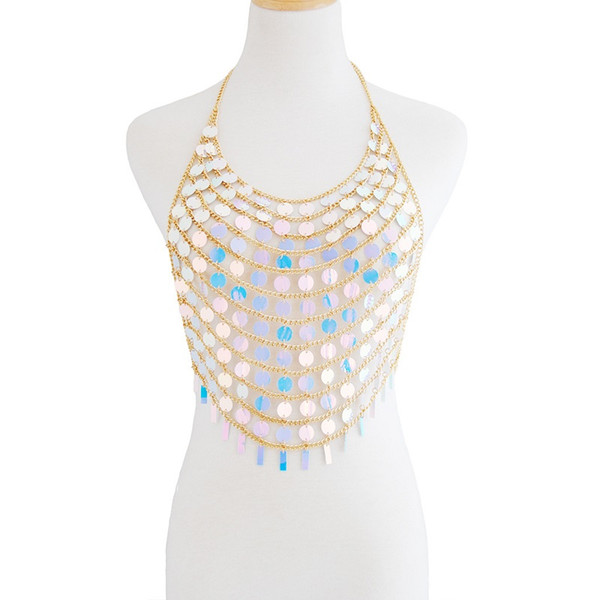 Sexy metal Body chain Necklace Women Summer Beach Halter shirt Colorful Sequins cropped Nightclub queen Party Tank top bra Hot