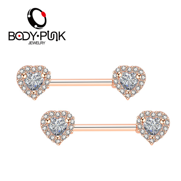 wholesale Brand 2018 New Women Nipple Piercing Jewelry 14G Double Heart 100% AAA CZ 316 L Surgical Steel Nipple Barbell 2Pcs