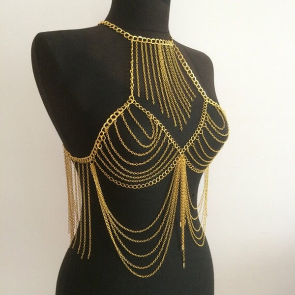 Bikini Cross Body Link Chain Necklace Halter Exotic Bra Harness Women Body Full Metal Gold or Silver Chain Jewelry