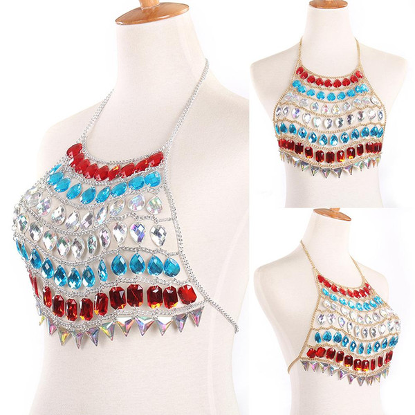 Colorful Rhinestones Halter Top Crop Body Chain Women Bikini Dance Jewelry Decor