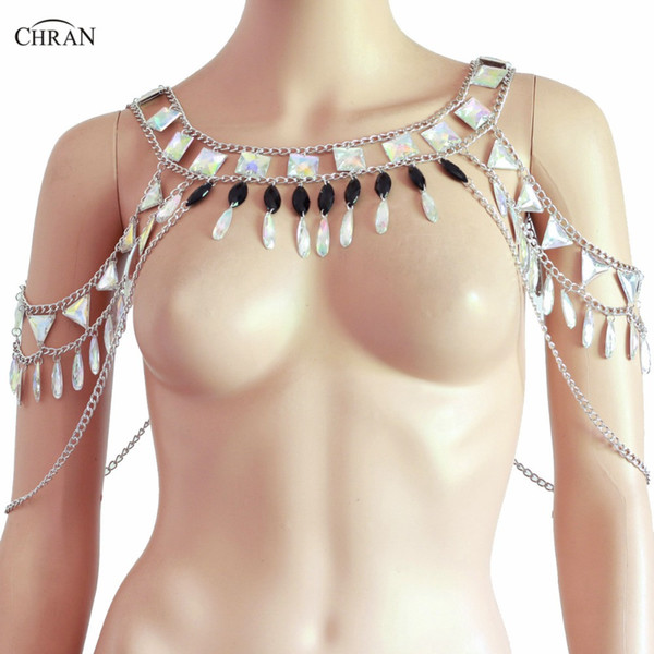 wholesale Women Bikini Beach Tear Drop Acrylic Body Chain Classic Multi-layer Metal Shoulder Chain Necklace Jewelry