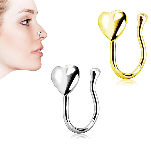 Fashion Gold Silver Mental Fake Septum Rings for Women Heart Shape Ear Nose Body Clip Hoop Fake Nose Ring Faux Piercing Body Jewelry