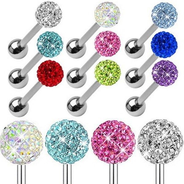 6color Steel Tongue Body Piercing Jewelry 1.6*10*5/6cm Crystal Tongue Ring Barbell Piercing Nose Rings Ear Nipple Bar Wholesales Cheap