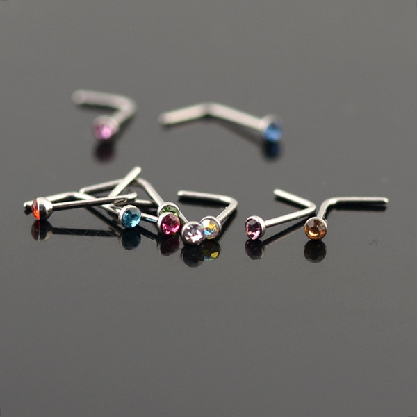 Women Stainless Steel Nose Studs Rings L Shaped Stainless Steel Crystal Nose Septum Piercing Body Jewelry 20g