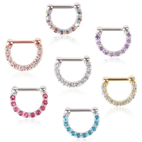 30pcs New Rhinestone Crystal Nose Hoops Unisex Surgical Steel CZ Septum Clicker Nose Ring Piercing Body Jewelry