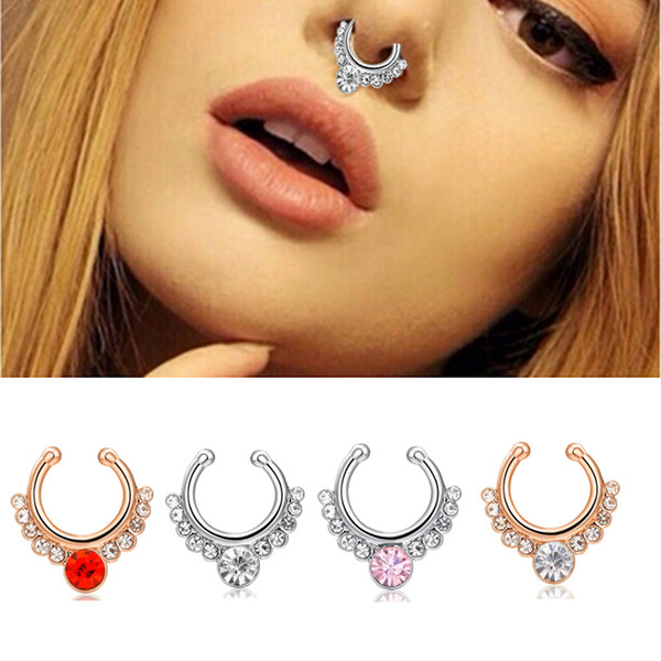 Fashion Crystal Fake Nose Ring Piercing Body Jewelry For Women Girls Septum Clicker Non Piercing Hanger Clip Hoop Bijoux Gift Wholesale