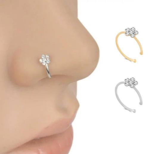 Piercings Stud Ring Small Thin 5 Clear Crystals Flower charm Nose Silver Hoop Stud Ring jewelry