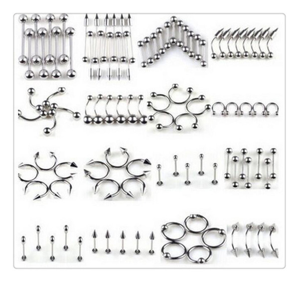 Free 85Pcs/set Mix Silver Stainless Steel Nose Navel Belly Lip Nipple Eyebrow Ear Studs Bar Ring Ball Piercing Kit Body Jewelry