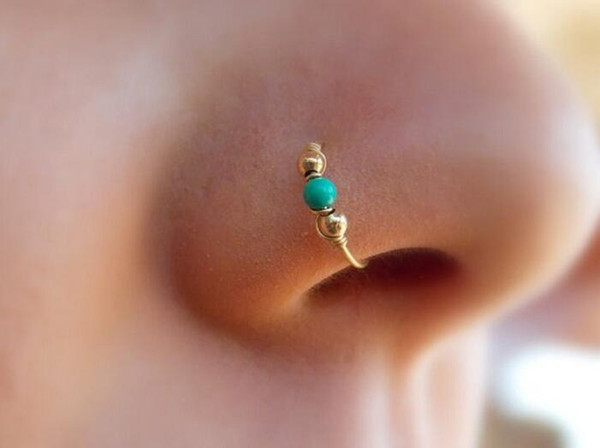 Female Women Circle Nose Ring with Green Bead Nose Stud Ear Cuff Silver Gold Colors Jewelry Gift