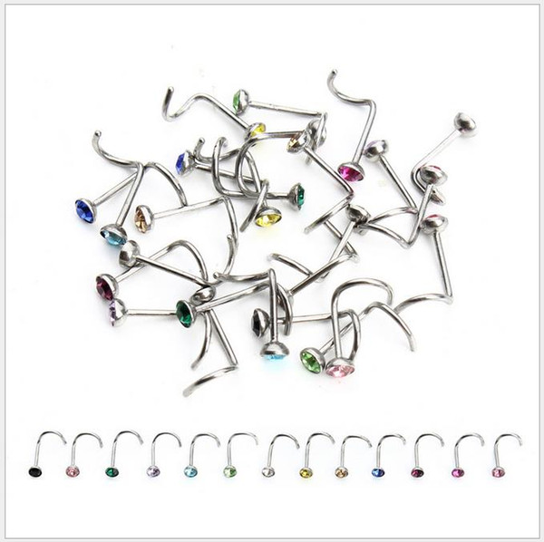 316L Surgical Steel L Shaped Nose Stud Screw with Crystal Indian Nose Stud Lots of 100pcs