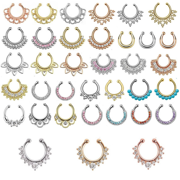 30pcs Mixed Fake Septum Clicker Nose Ring Non Piercing Hanger Clip nose piercing fake septum On CZ Body Jewelry For Women Girl