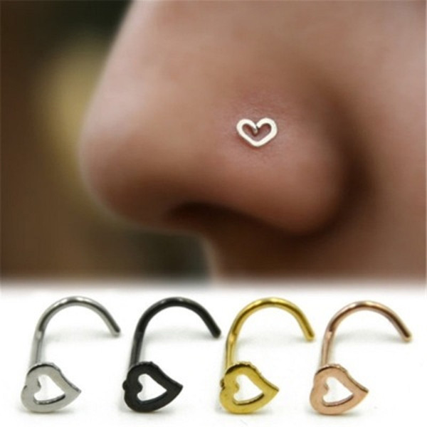 Love Heart Stainless Steel Nose Rings Body Piercing Jewelry Bent Angle Nose Rings Studs Punk Jewelry for Men Women DHL Wholesale