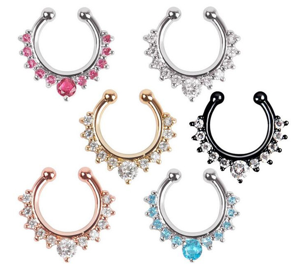 High Quality Nose Ring Crystal Nose Hoop Nose Rings Body Piercing Jewelry Fake Septum Clicker Non Piercing Hanger Clip Women Body Jewellry