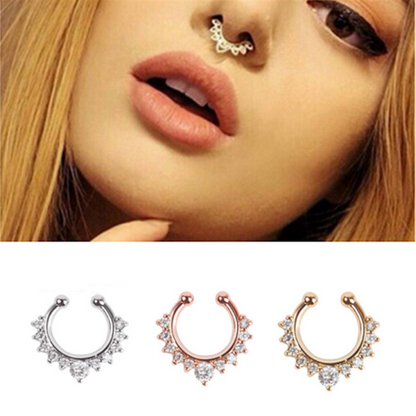 New Fashion 2017 Fancy Titanium Crystal Fake Nose Ring Septum Nose Hoop Ring Piercing Body Jewelry drop shipping Wholesale