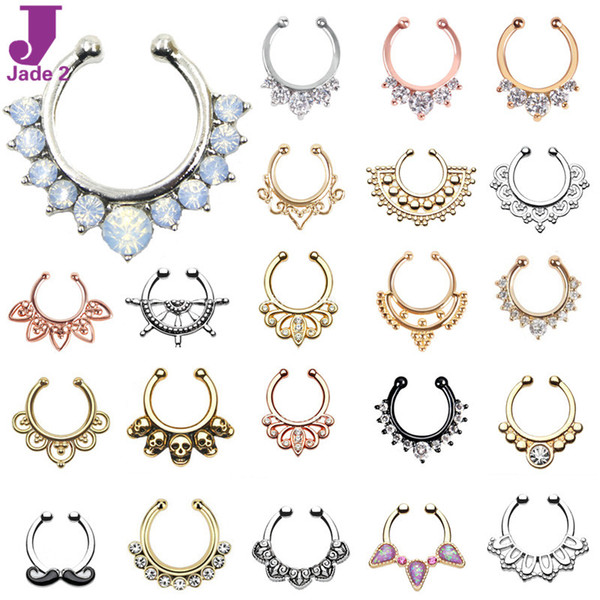 Hot Sale Variety Fake Septum Nose Rings Crystal Gold Faux Piercing Nose Studs Body Hoop Nose Ring For Women Septum Clip Jewelry Wholesale