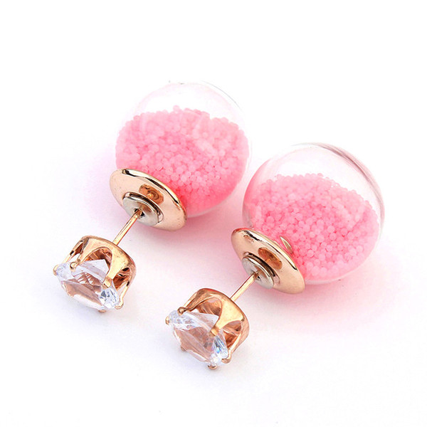 2016 Colorful Beads Glass Stud Earring Transparent Crystal Ball Double Sided brincos Imitation Diamond Earrings For Women