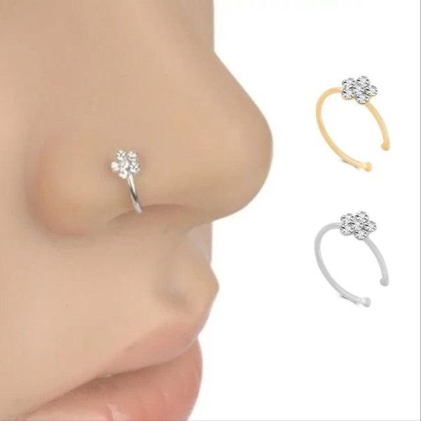 Small tThin 5 Clear Crystals Rhinestone Plum Blossom Flower Charm Nose Silver Hoop Stud Ring Jewelry Fake Piercing Nose Ring BodyJewelry