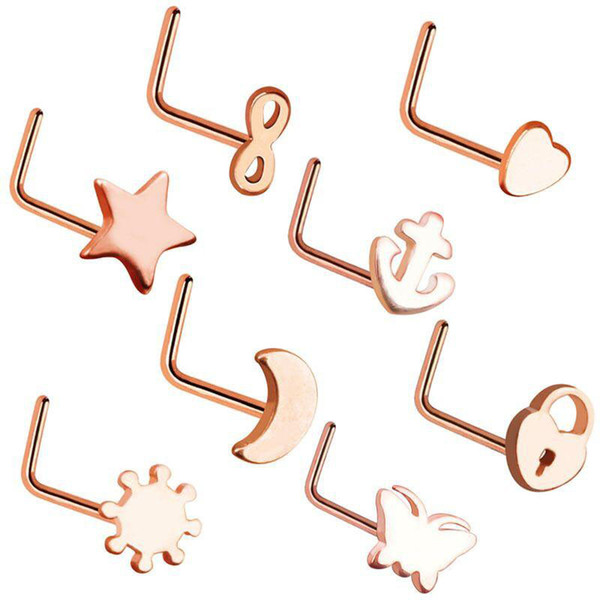 Women Men Stainless Steel Nose Studs Rings L Shaped Infinity Love Moon Heart Nose Septum Piercing Body Jewelry