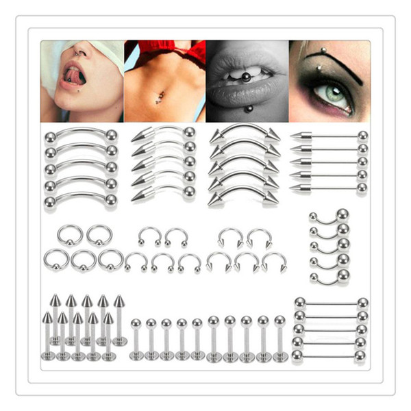 Mix Nose Rings Piercing Kit Ball 85Pcs Lot Gold Stainless Steel Navel Belly Lip Nipple Eyebrow Ear Studs Bar Ring Body Jewelry