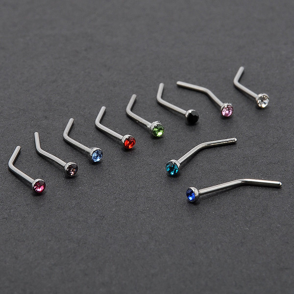 10pc/lot White/Multicolor Women Stainless Steel Nose Studs Rings L Shaped Stainless Steel Crystal Nose Septum Piercing Body Jewelry