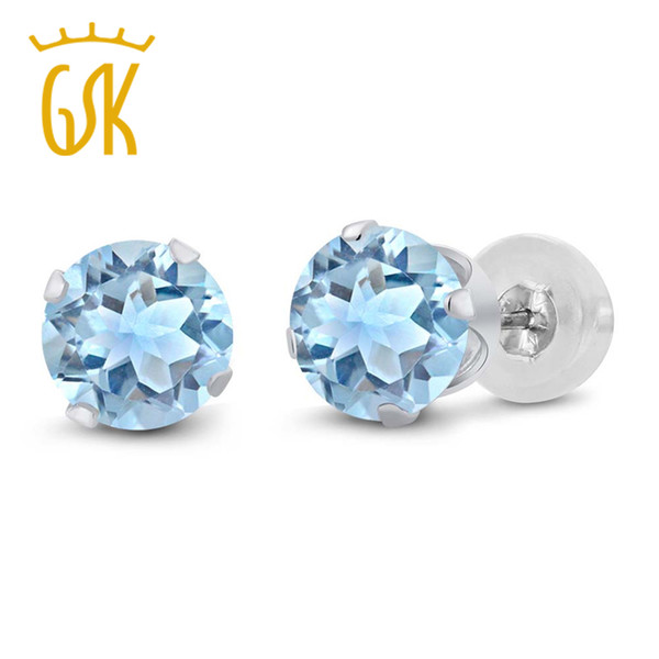 GemStoneKing 2.39 Ct Round 6mm Sky Blue Topaz Classic Stud Earrings For Women Fashion 14K White Gold Fine Jewelry 2016 New