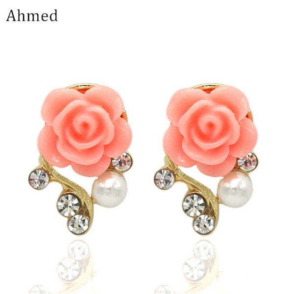 Jewelry New Brand Design Alloy Rose Pearl Stud Earrings For Women 2017 New Accessories Wholesale