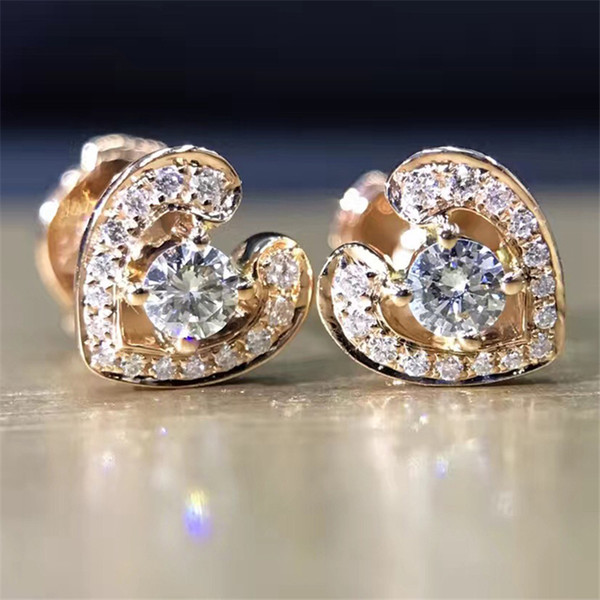 X825 LASAMERO 0.2CTW 18K Yellow Gold Round Cut Natural Diamond Heart Design Cluster Earrings Stud Earrings Fine Jewelry Earring Studs