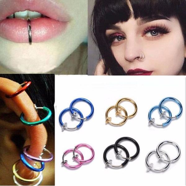 2 Piece/set Fake Nose Ring Goth Punk Lip Ear Nose Clip On Fake Septum Piercing Nose Ring Hoop Lip Hoop Rings Earrings