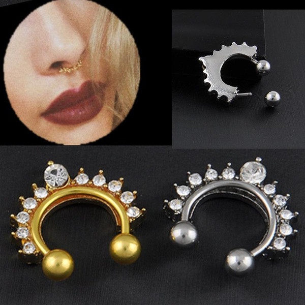 1pc Fake Clip On Non Piercing Rhinestone Septum Nose Ring Faux Click C00066 FSH