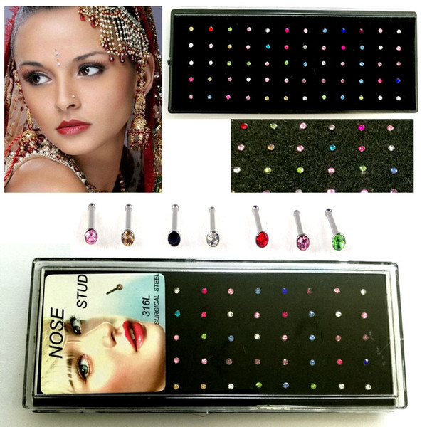 1Set 60Pcs Fashion Wholesale Jewelry 316L Surgical Steel Crystal Nose Studs Sets Bulk Lots Free Shipping LR228