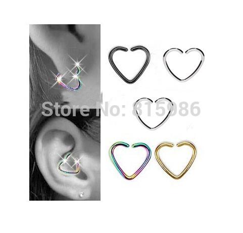 40PCS/Lot Mix 4 colors Stainless Steel Heart Shape Septum Piercing Nose Hoop Daith Helix Cartilage Lip Labret Piercing Ring