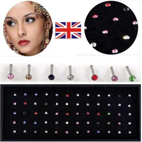 60pc New Style Nose Stud Bar Steel Rhinestone Bone Bars Body Piercing Jewellery NS15