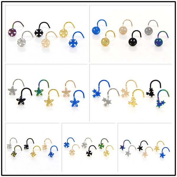 Gold Silver Black 6 Pcs/bag Multiple Cute Stars Flowers Smile Shapes Stainless Steel Nose Ear Piercing Studs Sexy Body Jewelry