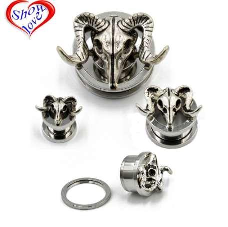 Showlove-2PC Stainless Steel Antique Tribal Silver Sheepshead Screw Ear Plug Tunnel Ear Expander Body Piercing Jewelry