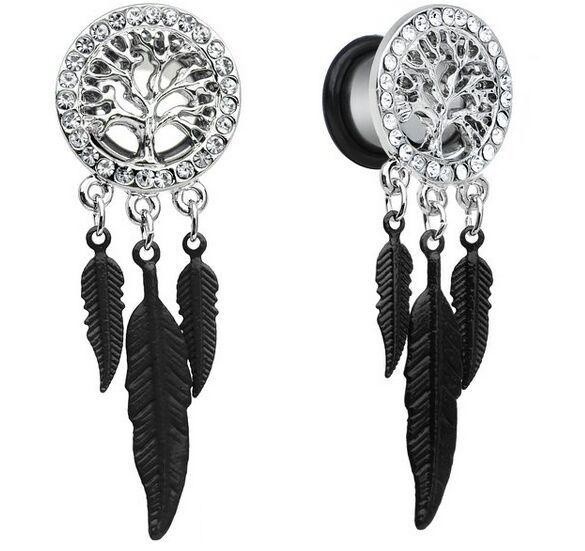 New Stainless Steel Peace Tree Feather With Rhinestones Ear Plugs Tunnels Gauge Leaves Dangle Body Piercing Jewelry 8mm-20mm