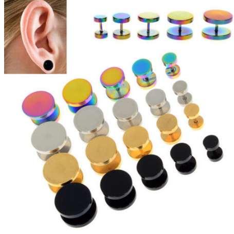 2Pcs Gold Black Stainless Steel Cheater Faux Fake Ear Plugs Flesh Tunnel Gauges Tapers Stretcher Earring 6-14mm