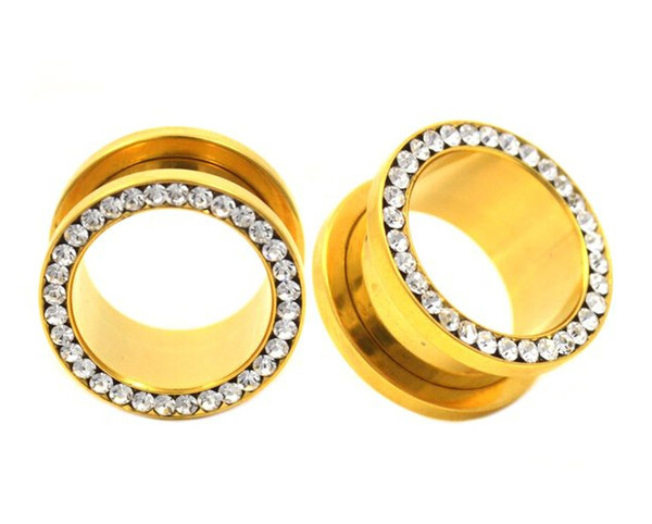 Wholesale 80pcs CZ Gem Rhinestones Rim Steel Anodized Gold Ear Flesh Tunnels Double Flare Screw Gauge Plugs SRP003